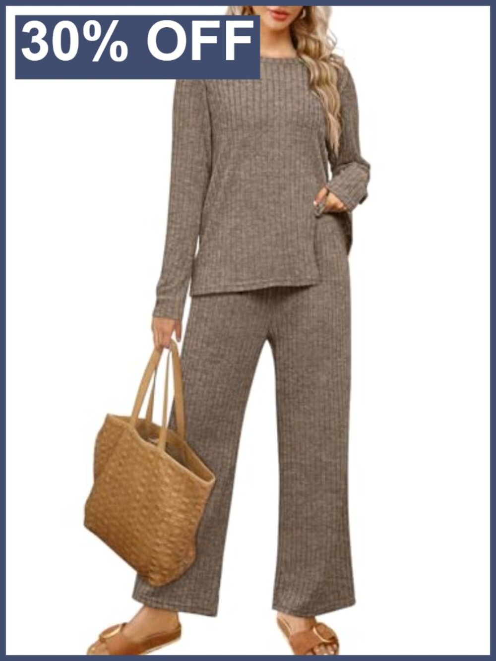 WIHOLL Two Piece Lounge Set Sweater Top Wide Leg Pants Pockets